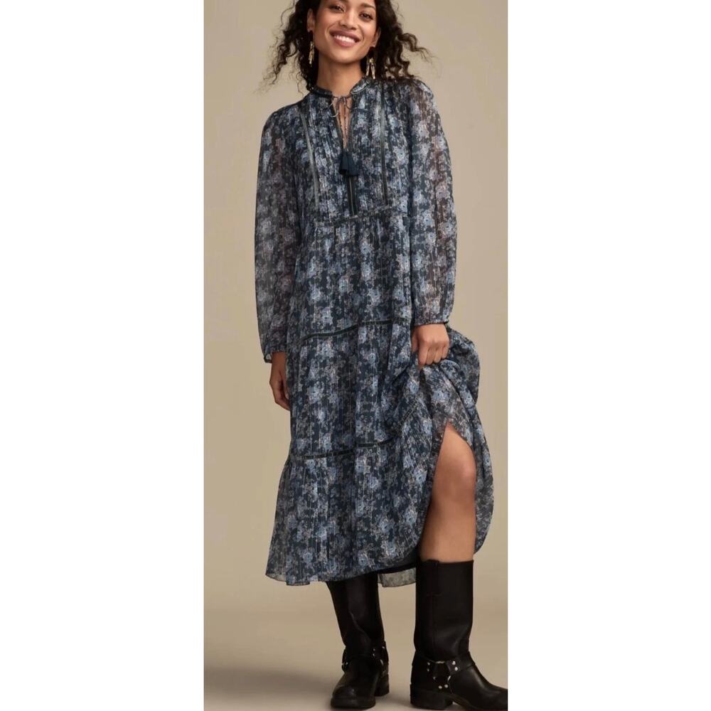 Lucky Brand Floral Long Sleeve Midi Dress Boho Blue Floral Women's Sz L